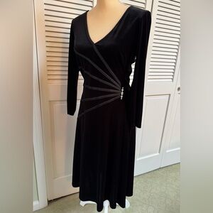 Connected Apparel Black Long Sleeve Velvet Dress with Rhinestone Brooch Sexy!